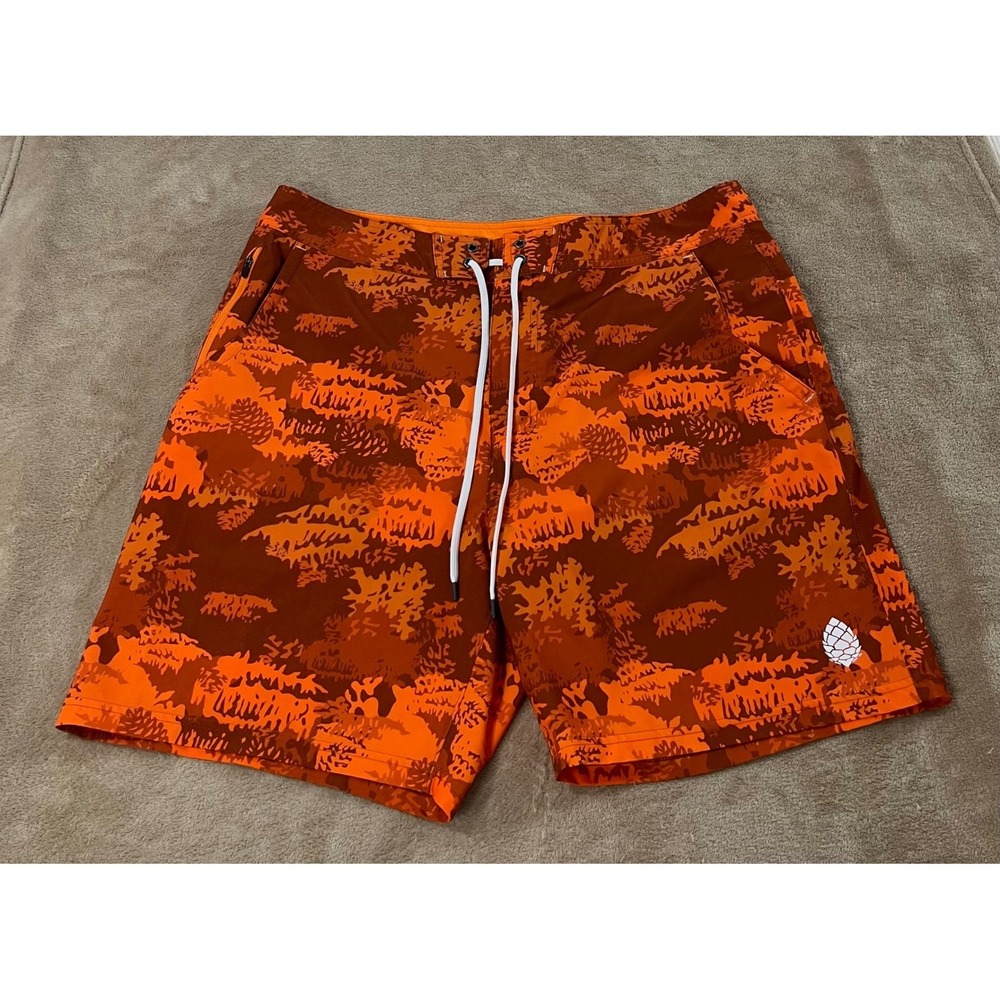 Stio shorts Swim Trunks Mens 38x7.5"Orange Brown Camo Pinecone Print Outdoor EUC